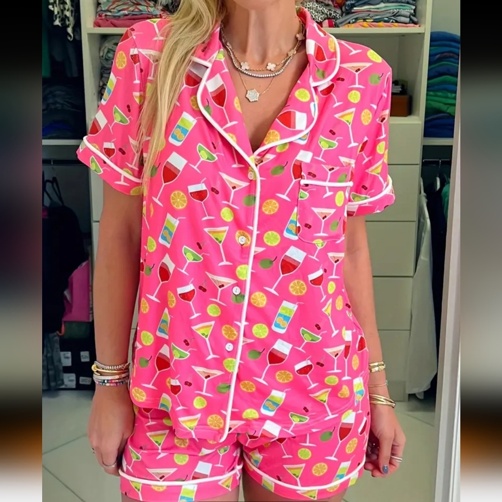 NWT Jersey Knit Xl Pink Cocktail Print Women's 2-piece Pajama Set